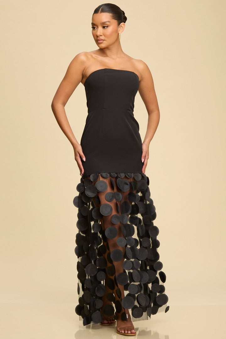 After Dark Black 3D Petals Flow Maxi Dress- Black