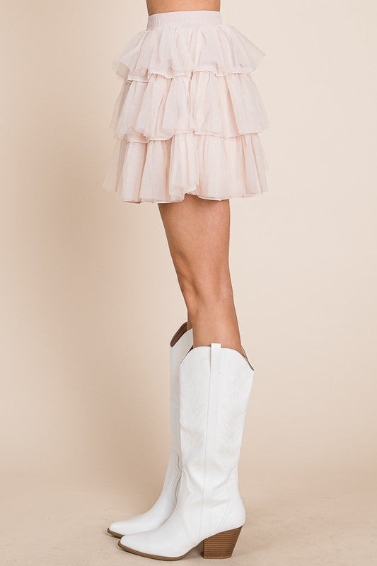 PLUS SIZE CREAM SOLID MESH TIERED MINI SKIRT