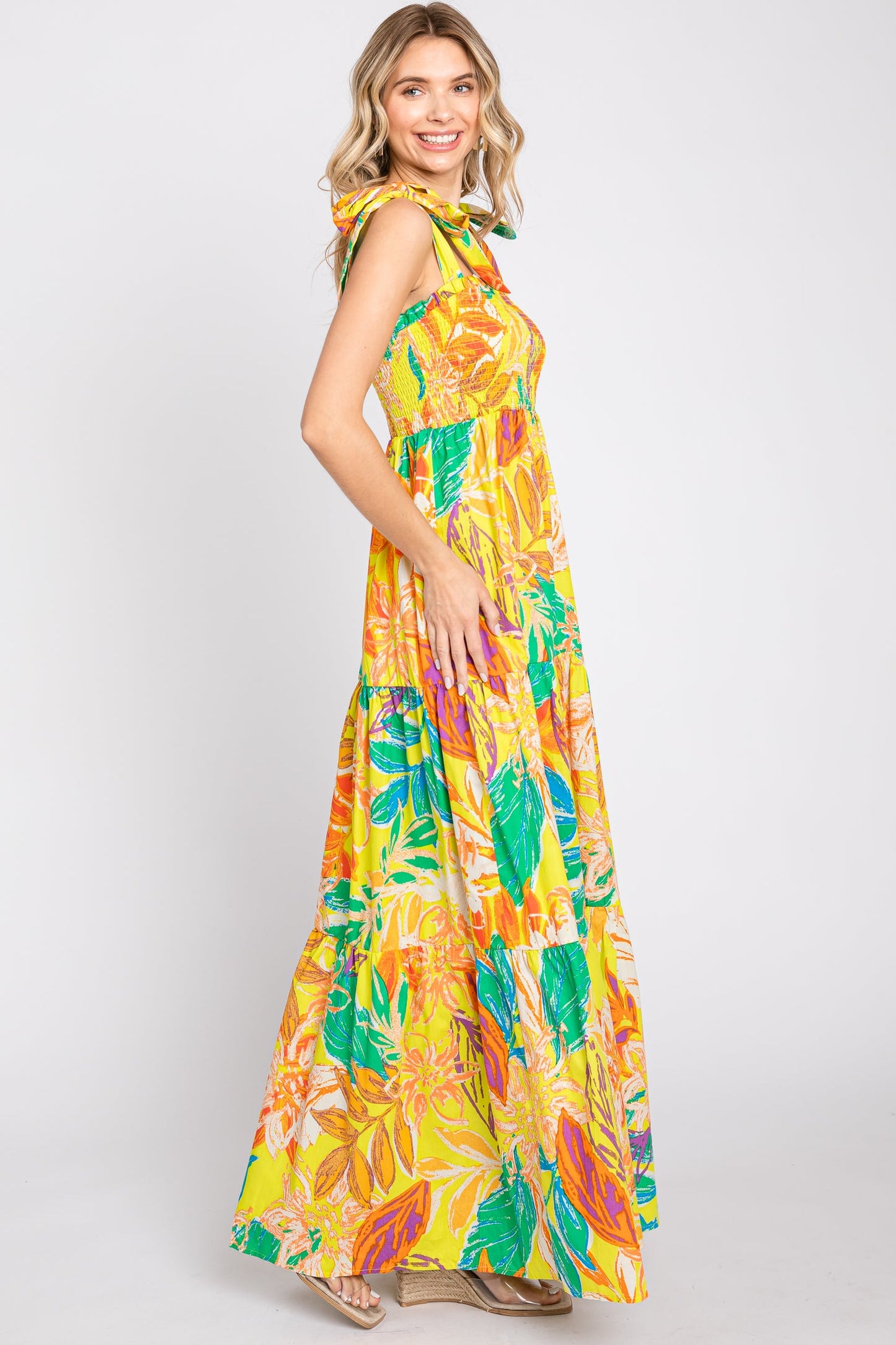 Floral Print Smocked Ruffle Maxi Dress