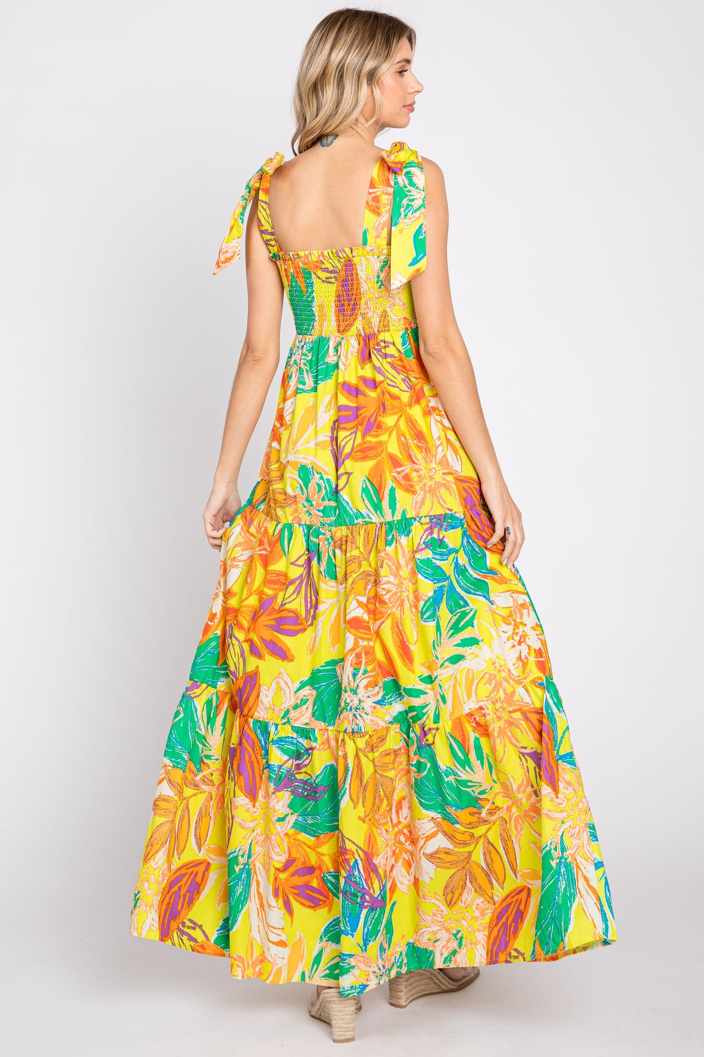 Floral Print Smocked Ruffle Maxi Dress