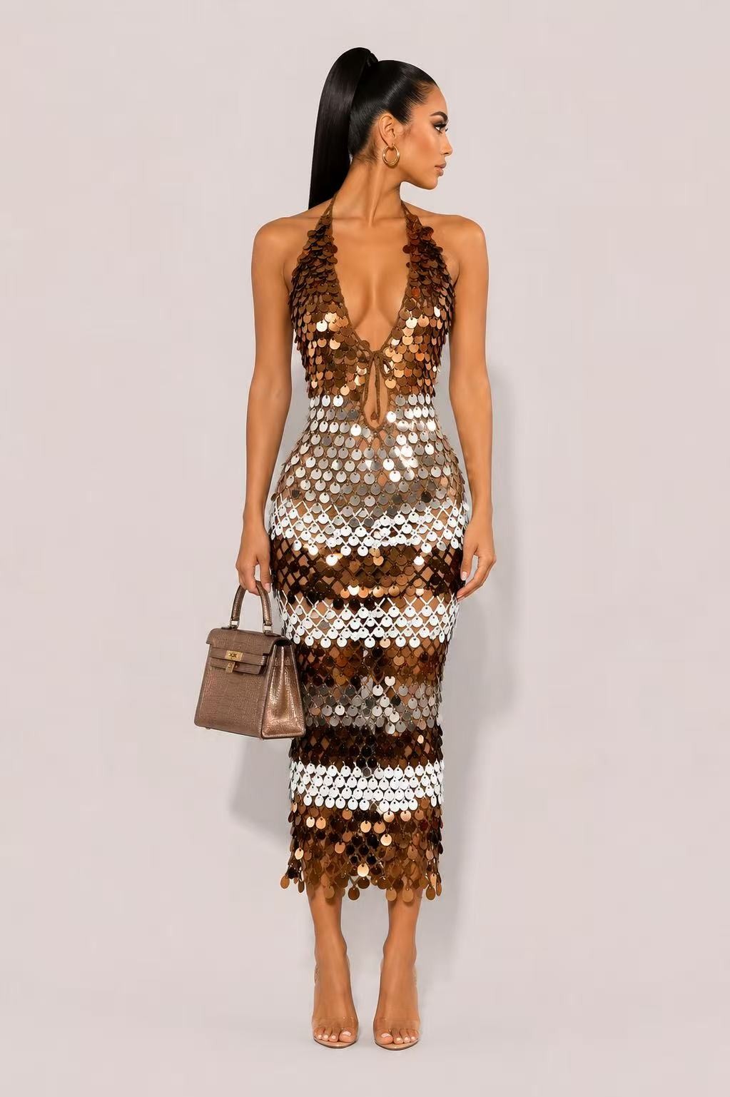 A Touch of Elegance Sequin Halter Dress- Brown/Multi