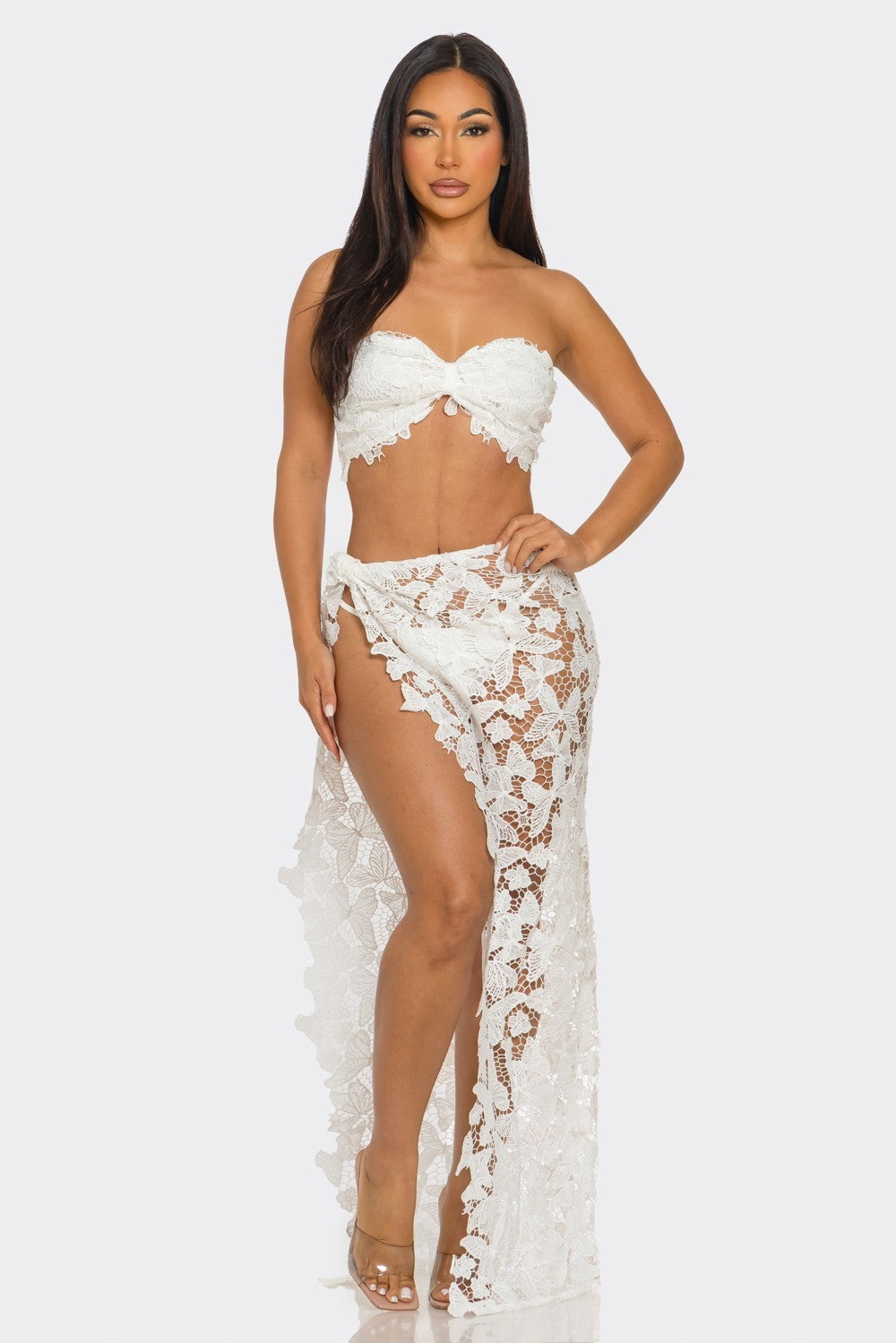 Butterfly Crochet Swimwear Coverup Skirt Set With Matching Underwear- White
