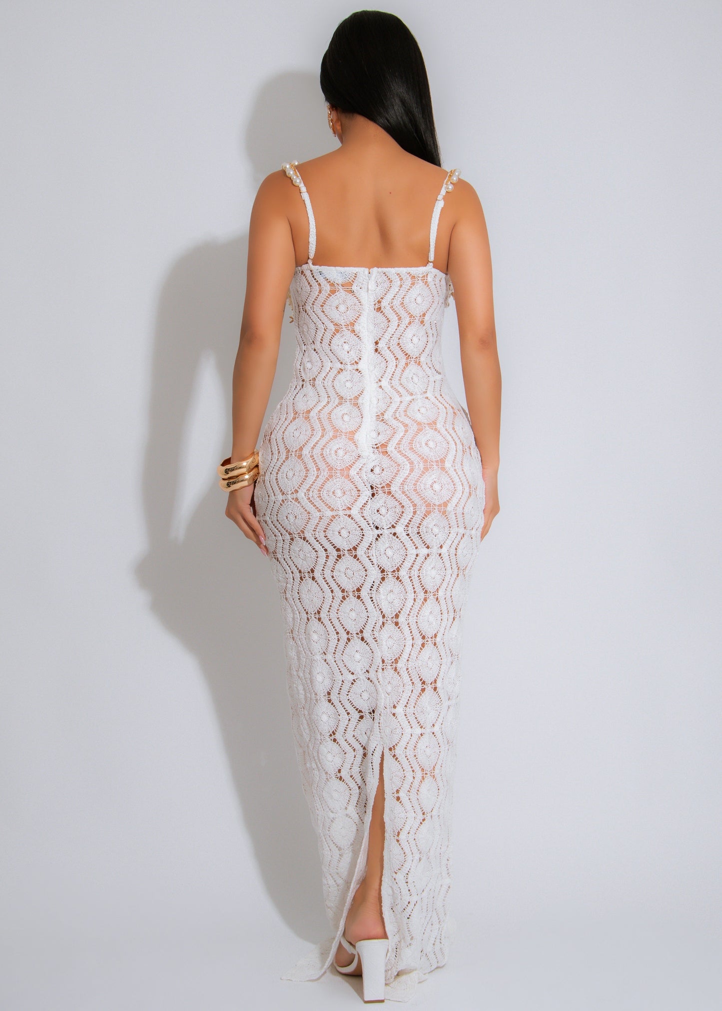 Exquisite Oceana Glow & Pearls Crochet Beachside Maxi Dress- White
