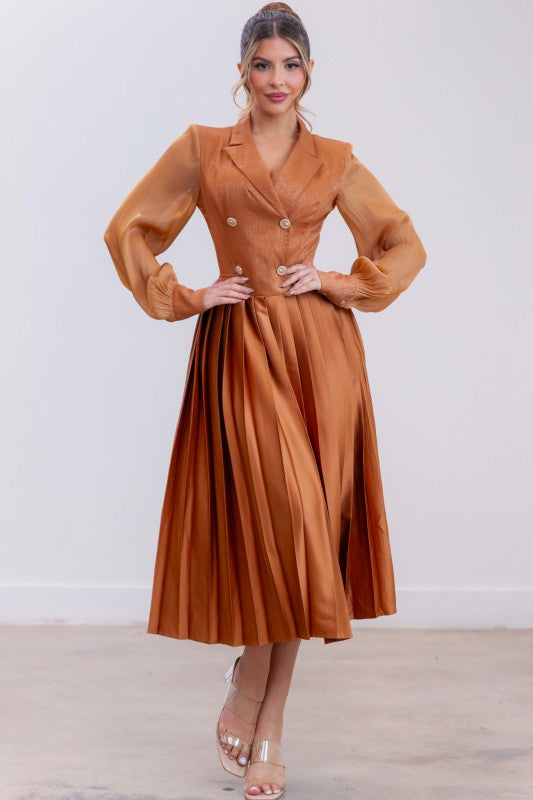 Pleated Bottom & Jacketed Top Dress- Brown