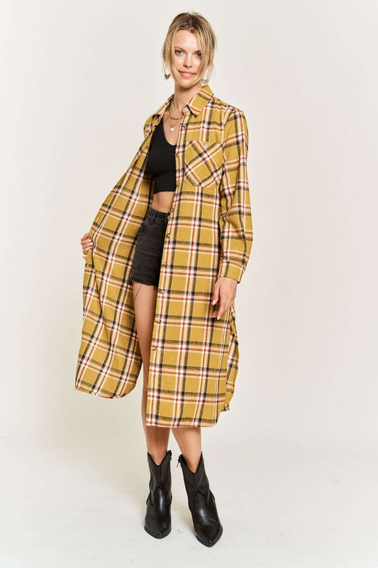 PLUS SIZE PLAID PRINT COLLAR LONG SHIRT DRESS-3 COLORS