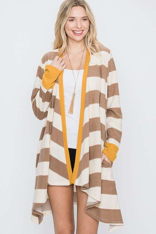 PLUS SIZE OPEN FRONT STRIPED DRAPED CARDIGAN- 3 COLORS