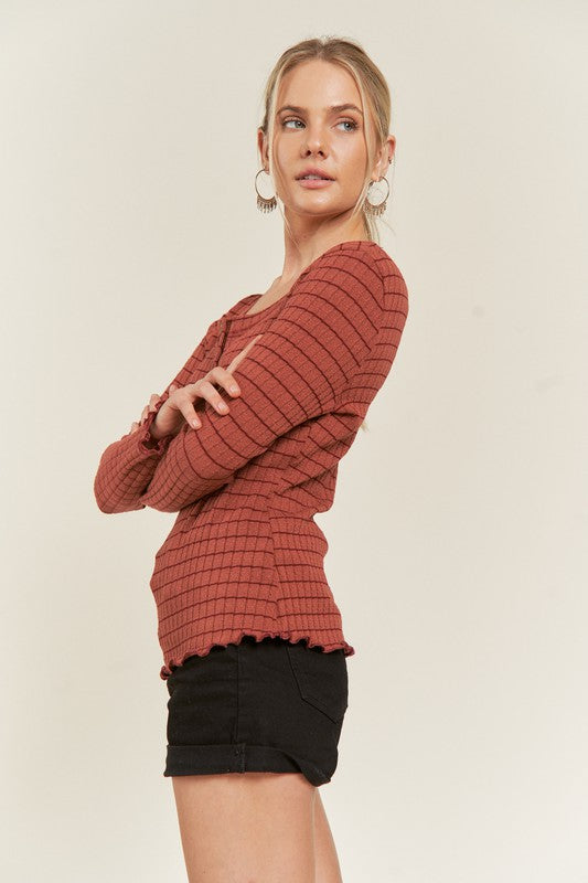 PLUS LONG SLEEVE BUTTON DOWN TOP WITH RUFFLED HEM-3 COLORS