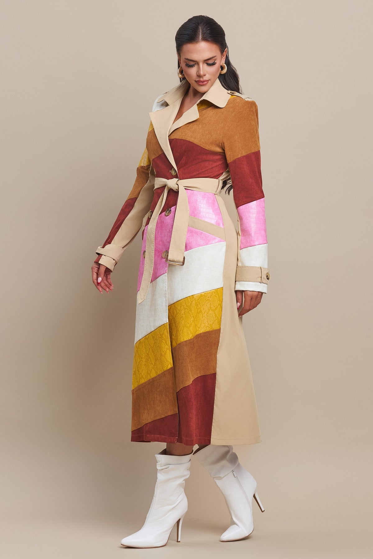 Leather & Suede Color Block Trench Coat- PRE-ORDER