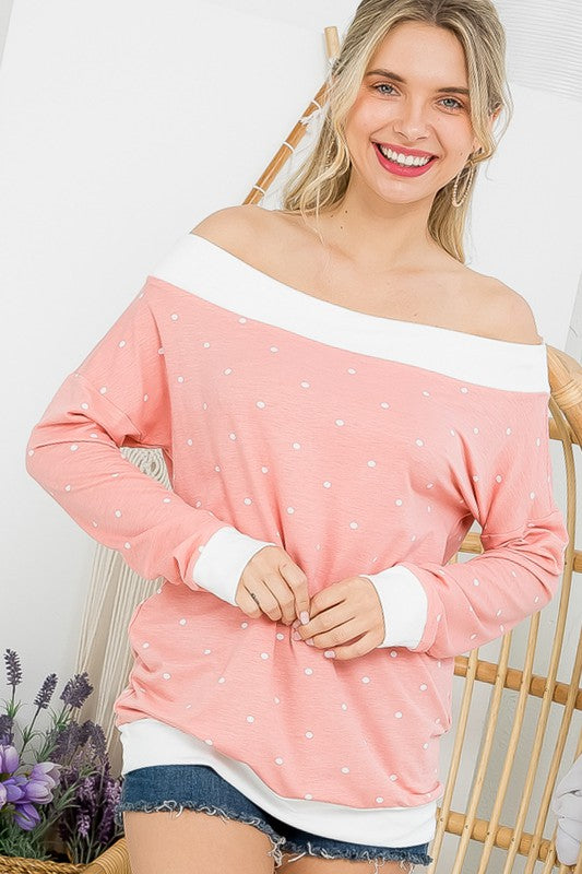 BLUSH POLKA DOT OFF SHOULDER TUNIC TOP