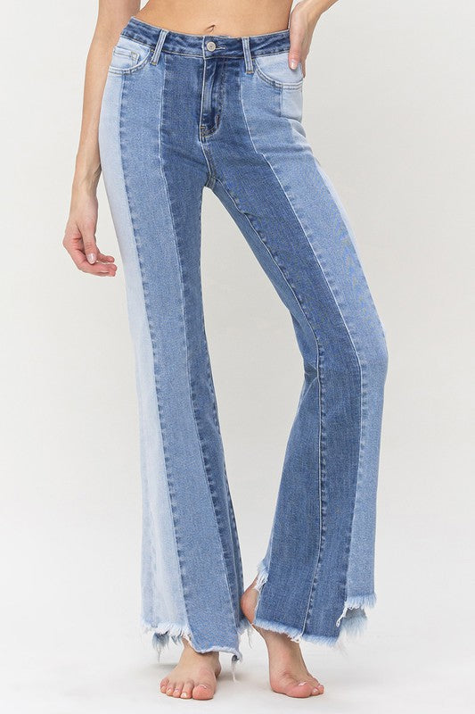 HIGH RISE RELAXED FLARE WITH UNEVEN RAW HEM DENIM PANTS