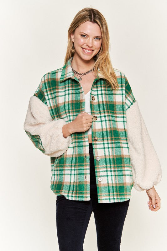 Plus Size Multi Plaid Fuzzy Sleeve Jacket