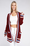 Open Burgundy Cardigan With Contrast Trim