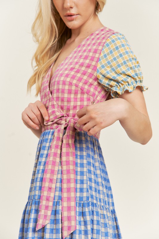 PLUS SIZE COLORBLOCK GINGHAM DRESS