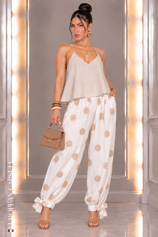 Italian Linen Polka Dot Ankle Tied Pants- White/Beige