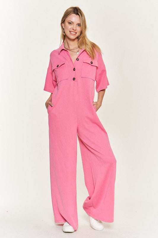 Basic Collar Shirt Wide Leg Jumpsuit-3 Colors