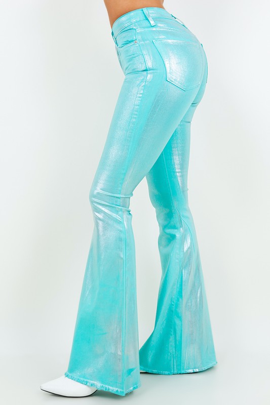 Metallic Bell Bottom Jean in Turquoise - Inseam 32