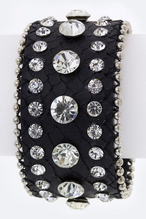 Crystal Studs Embossed Leather Cuff