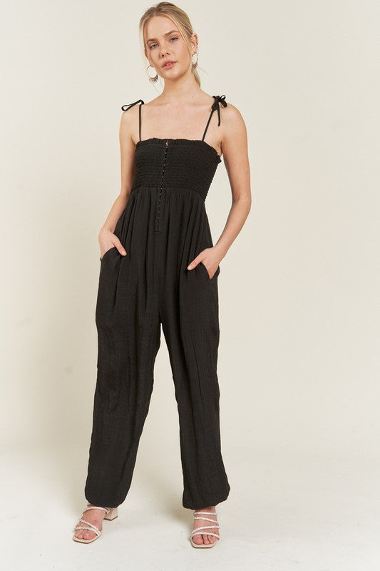SMOCKED TIE STRAP JUMPSUIT-2 COLORS