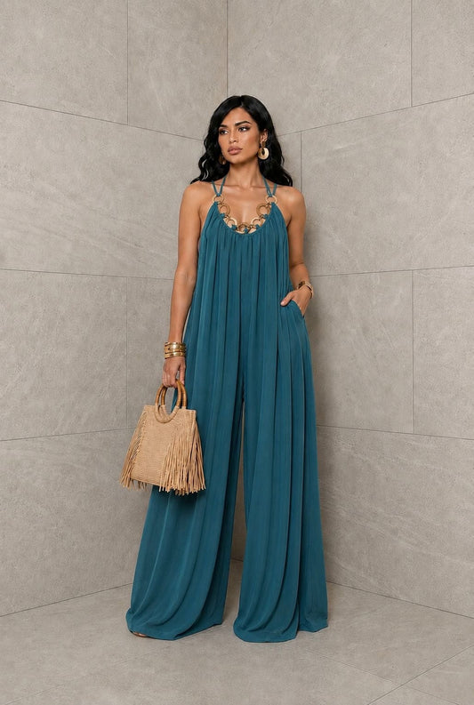 Raffia Topped Pleated Jumpsuit- Teal