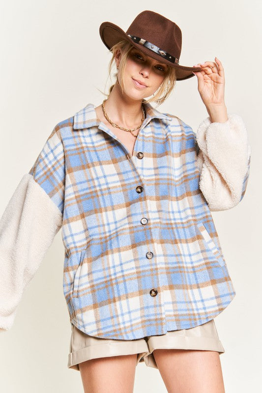 Plus Size Multi Plaid Fuzzy Sleeve Jacket