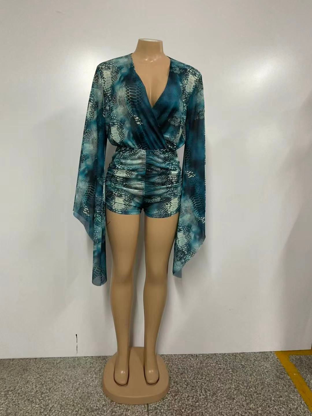Teal Python Print Ruched Romper