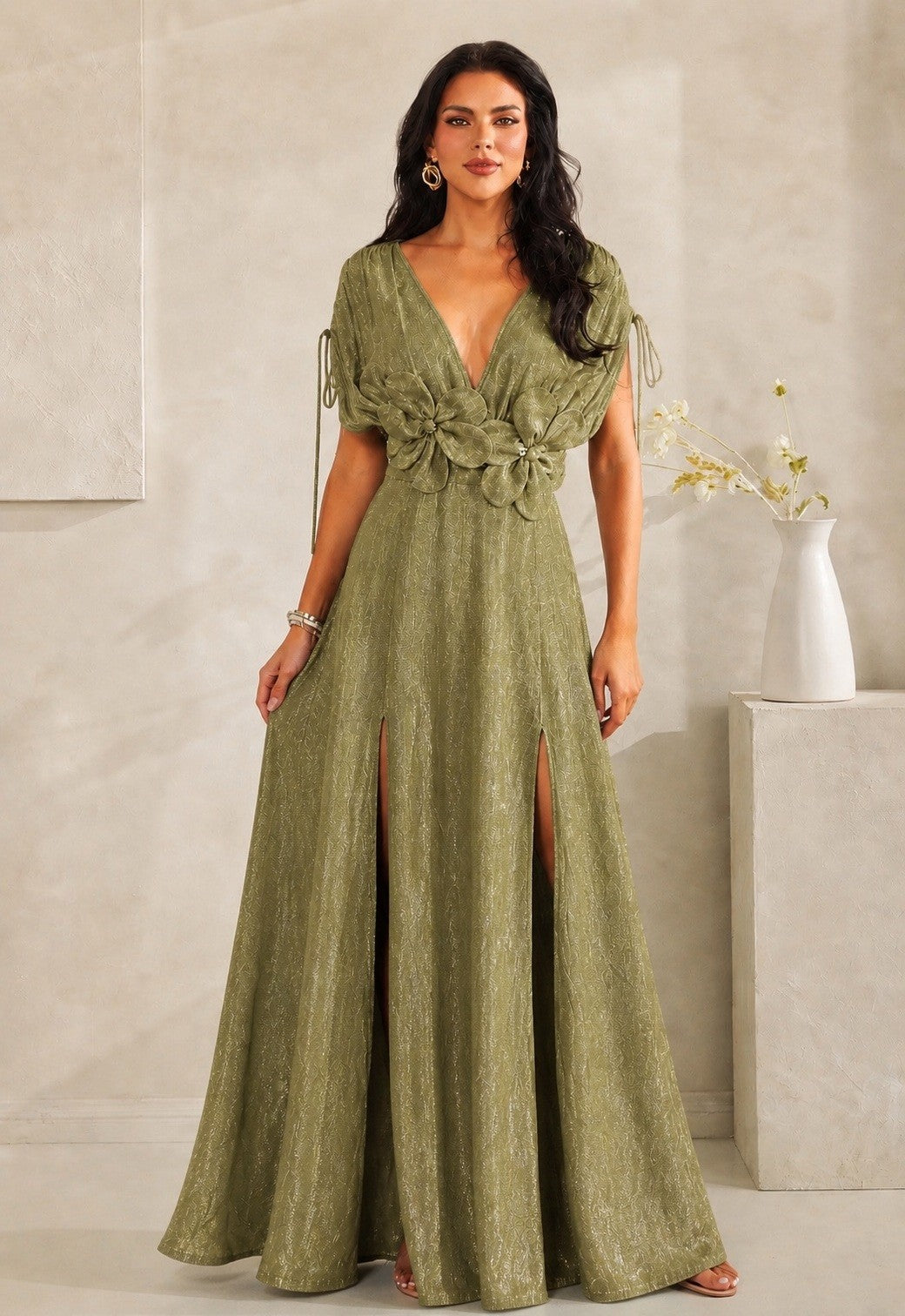 Flowers of Elegance Maxi Double Slit Dress- Olive