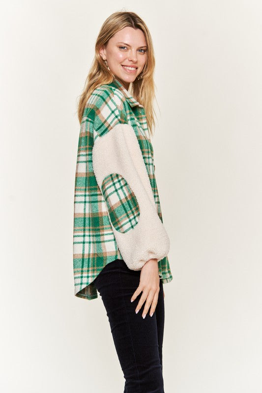 Plus Size Multi Plaid Fuzzy Sleeve Jacket