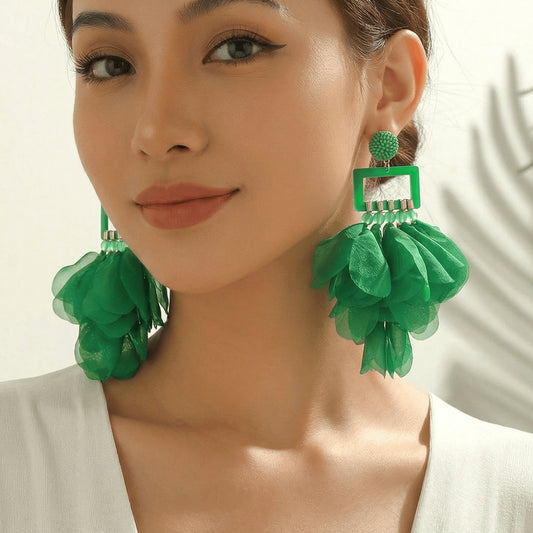 Oversized Chiffon Multi-Layer Tassel Earrings For Women Bohemian Handmade Fabric Jewelry Summer Party Beach Vacation