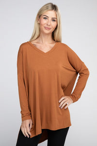 Dolman Long Sleeve V-Neck Side Slit Hi-Low Hem Top- 3 Colors