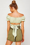 OFF SHOULDER PLEATED CROP TOP WITH BACK RIBBON TIE-5 COLORS