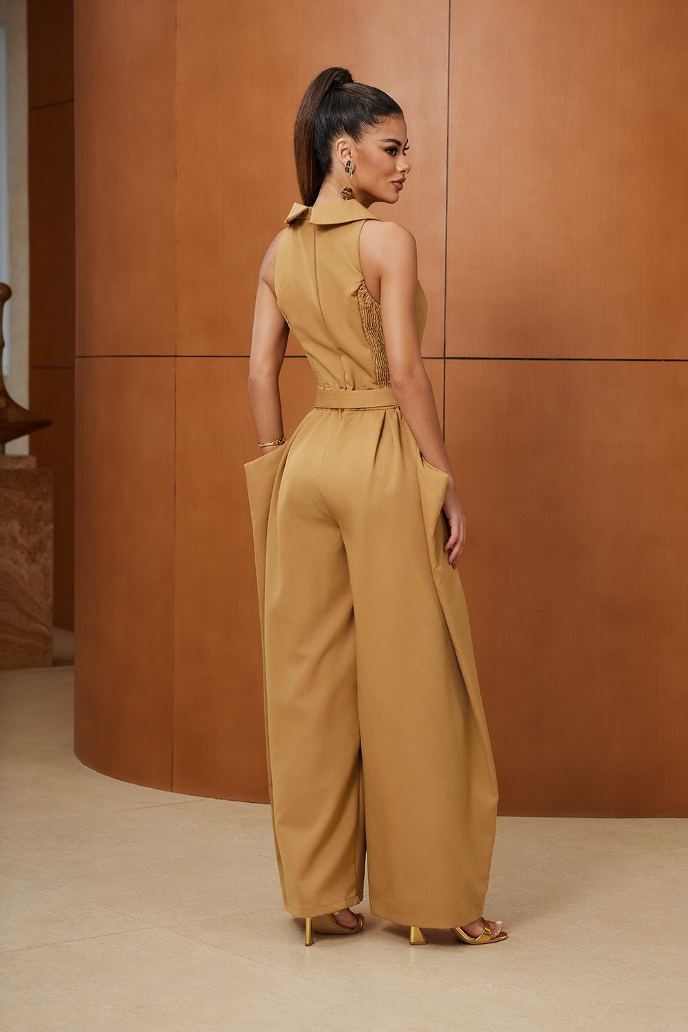 On My Terms Collared Jumpsuit-Khaki