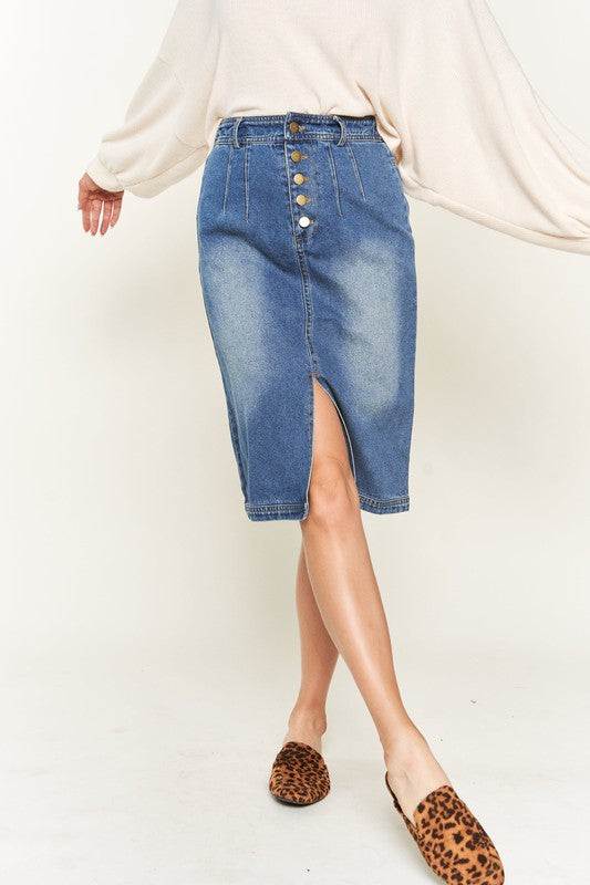 Denim Buttoned Knee Length Skirt