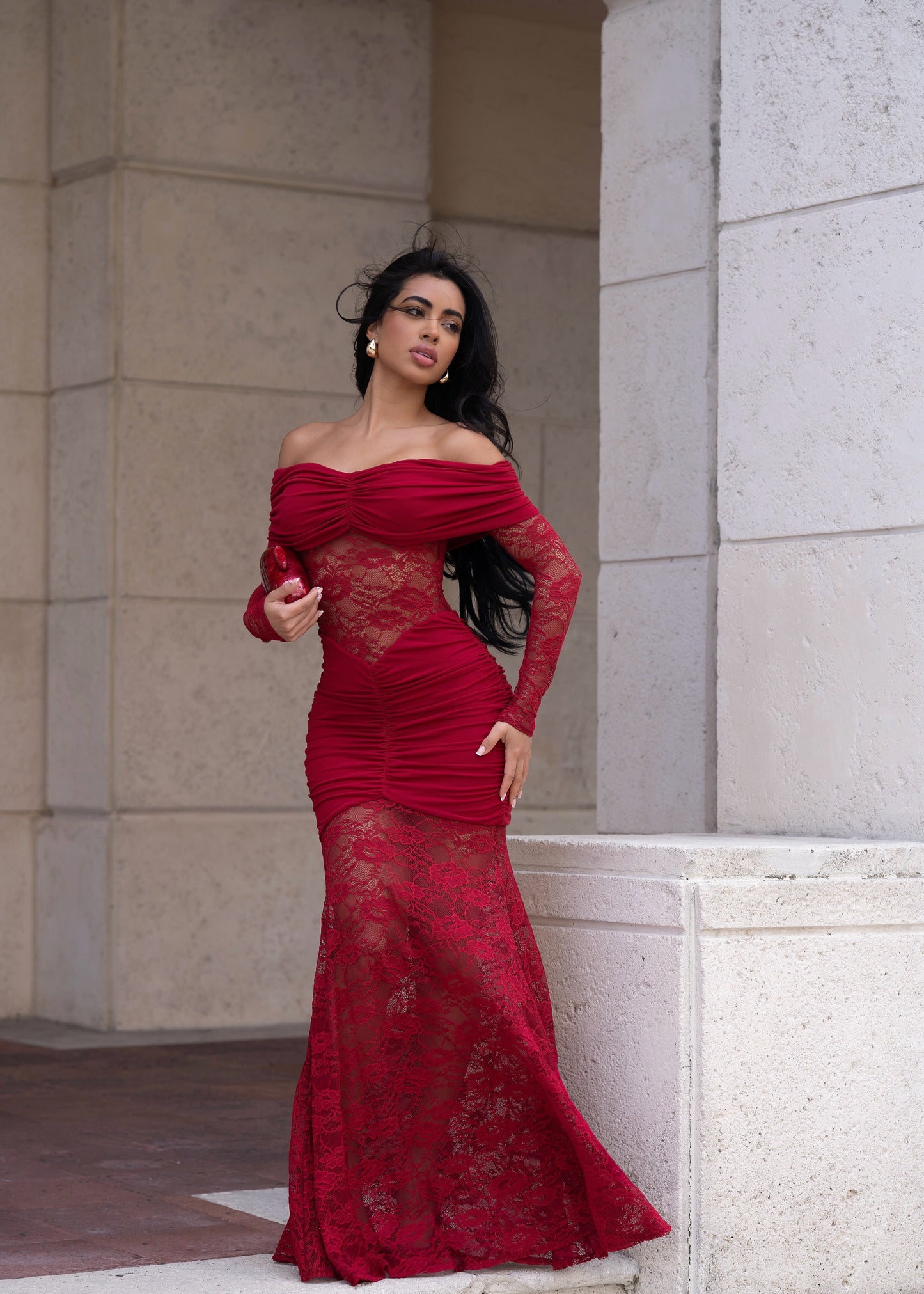 Covered in Lace Maxi Dress- Red