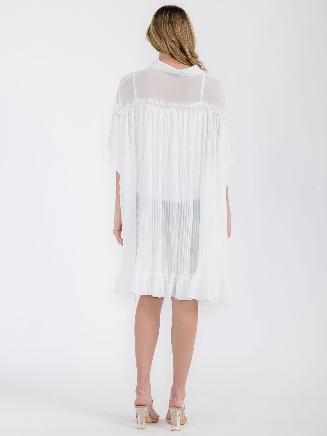 Women's Short Sleeve Button Up Pleated Side Ruched Tunic Top- White