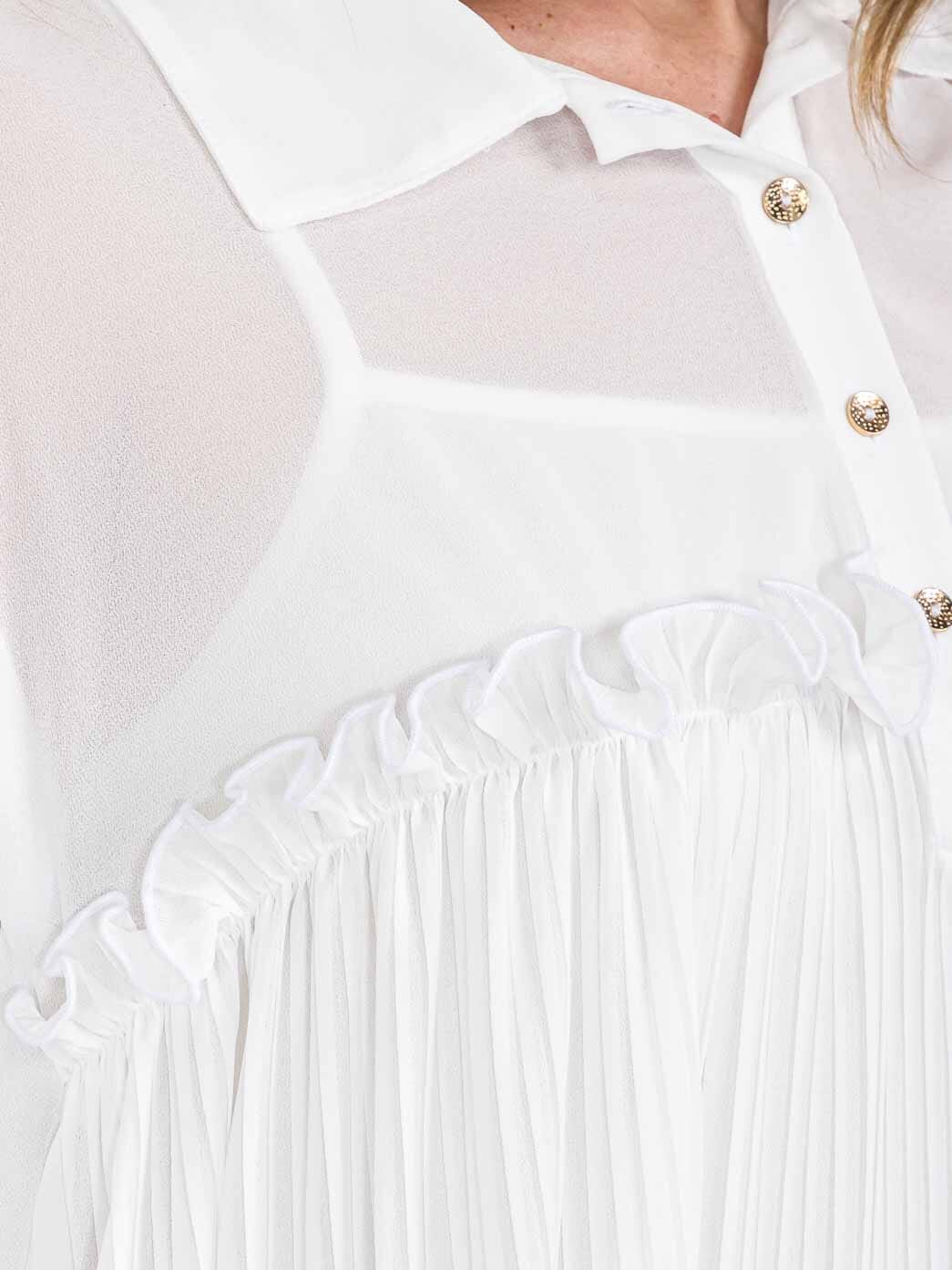 Women's Short Sleeve Button Up Pleated Side Ruched Tunic Top- White