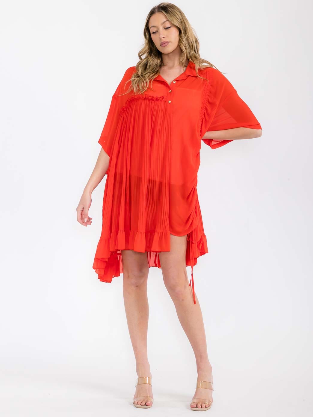 Women's Short Sleeve Button Up Pleated Side Ruched Tunic Top- Red