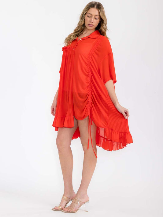 Women's Short Sleeve Button Up Pleated Side Ruched Tunic Top- Red