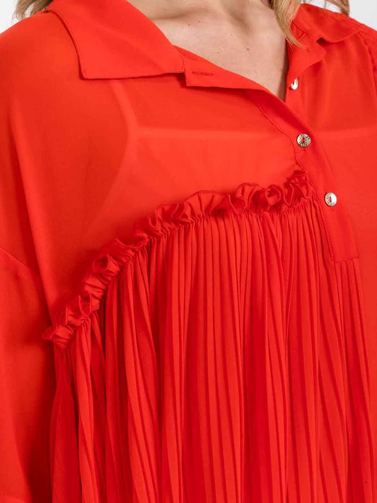 Women's Short Sleeve Button Up Pleated Side Ruched Tunic Top- Red