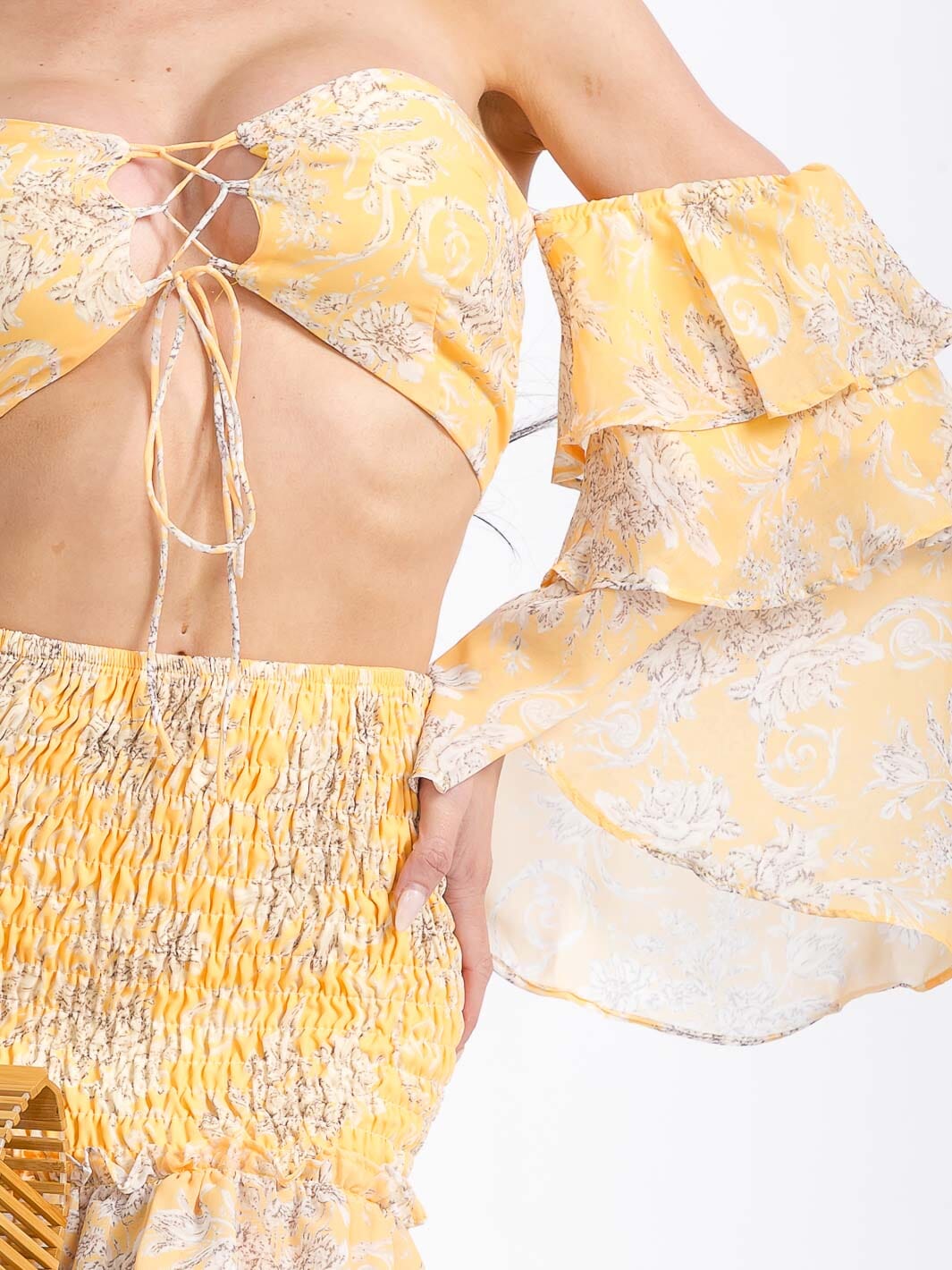 Women's Ruffle Sleeves Crop Top & Smock Mini Skirt Set- Yellow