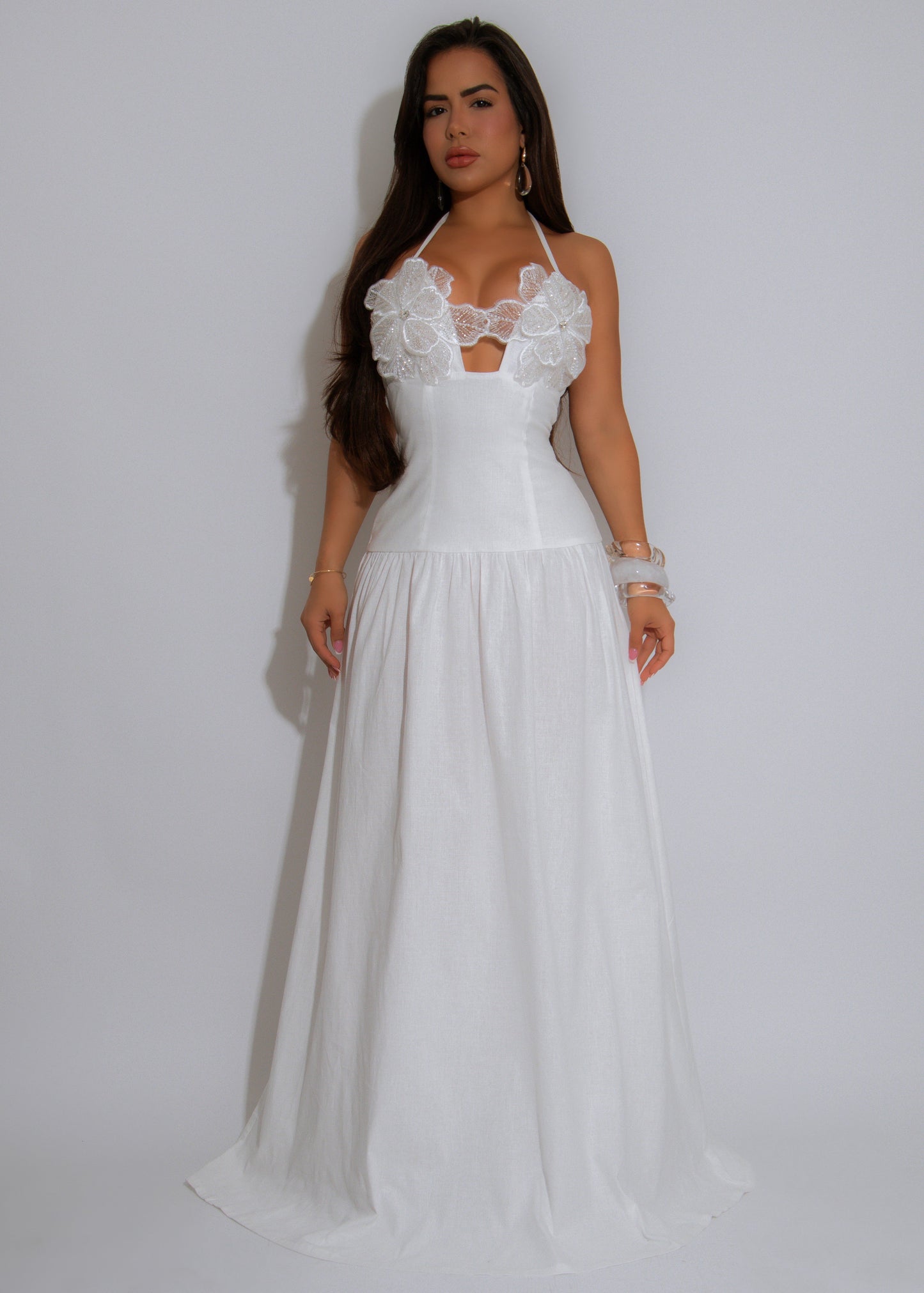 Rhinestoned 3D Rose Halter Neck Maxi White Dress