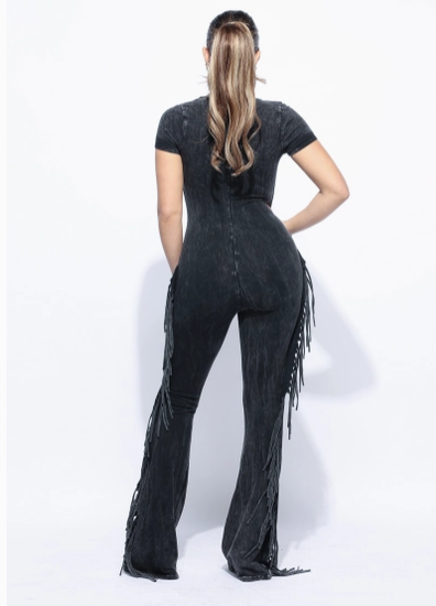 Black Mineral Wash Fringe Jumpsuit