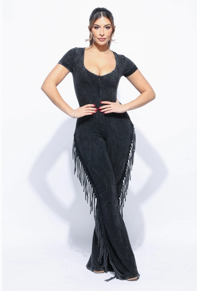 Black Mineral Wash Fringe Jumpsuit