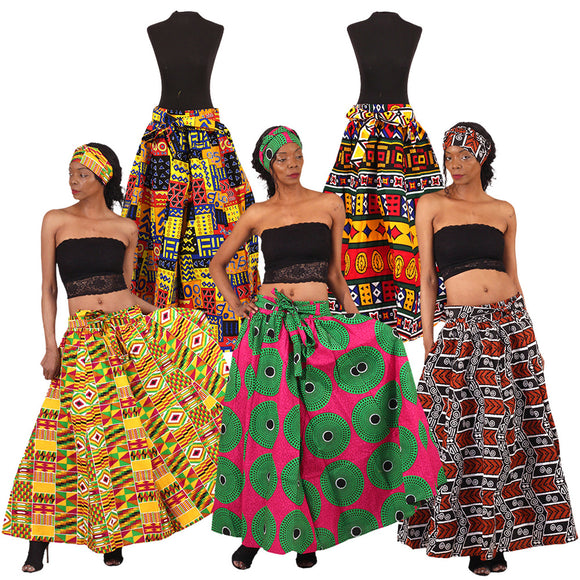 Set of 5 Ankara Print Maxi Skirt & Head Wrap Set