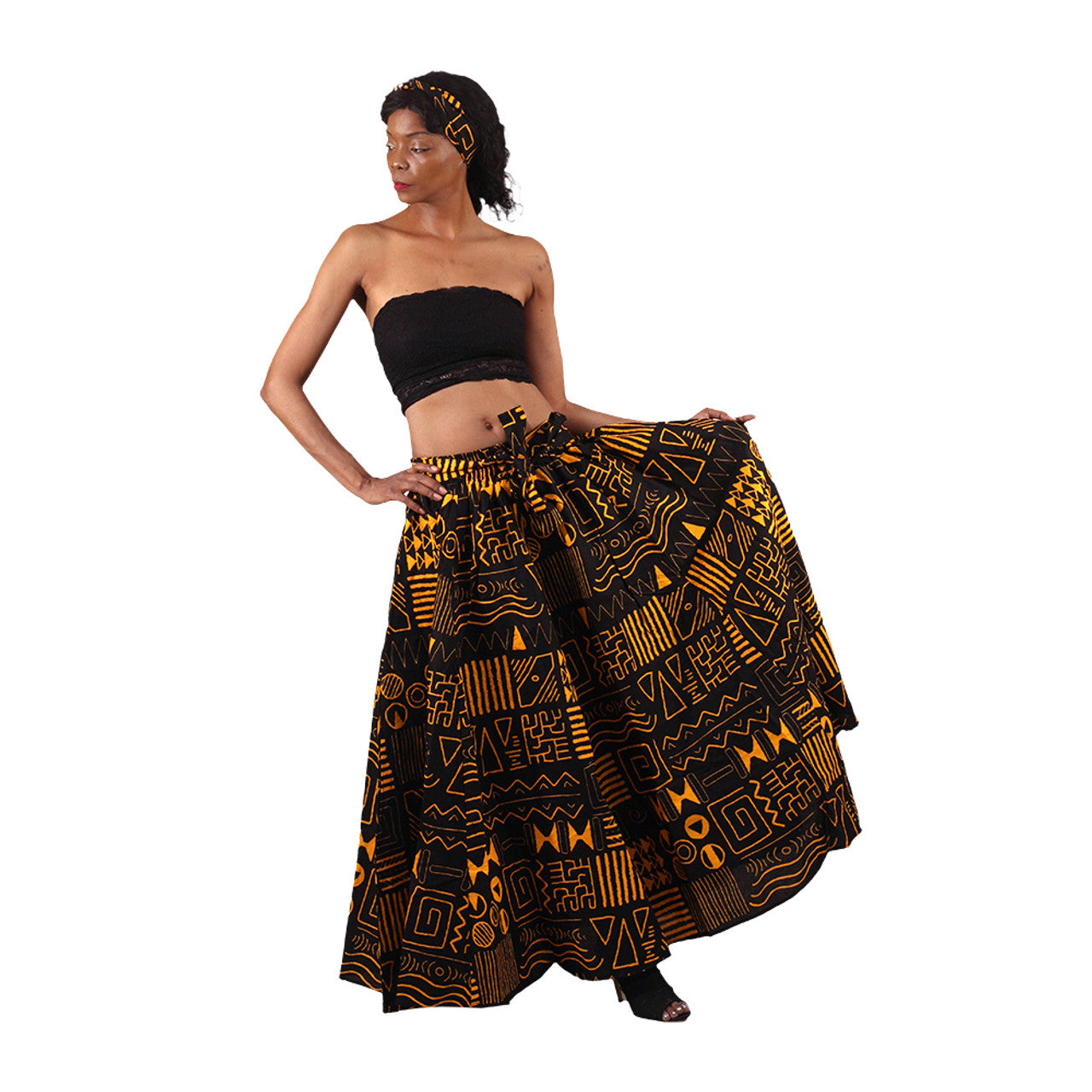 African Mud Print Black/Orange Maxi Skirt