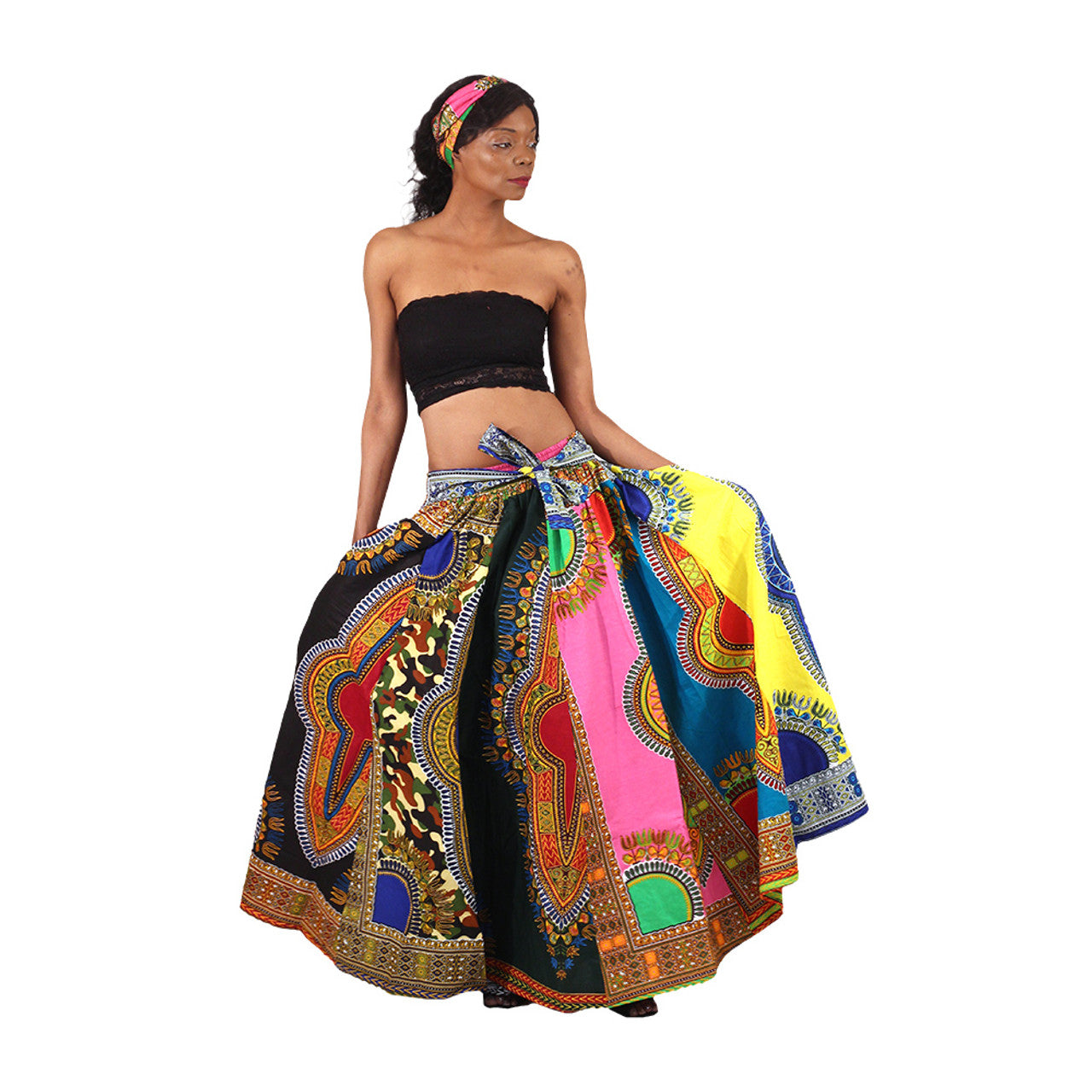 Mixed Dashiki Print Maxi Skirt & Head Wrap Set