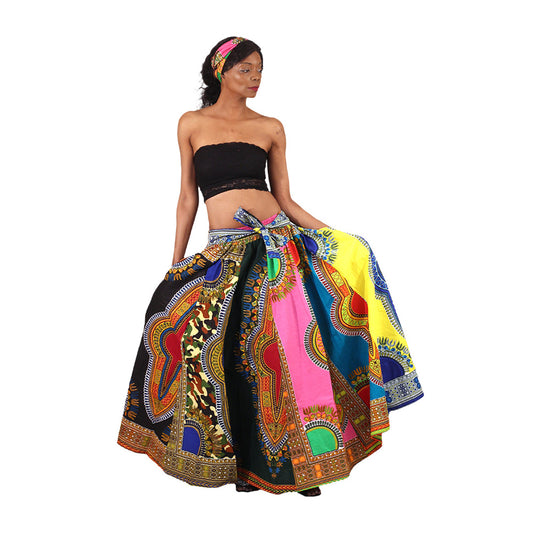 Mixed Dashiki Print Maxi Skirt & Head Wrap Set