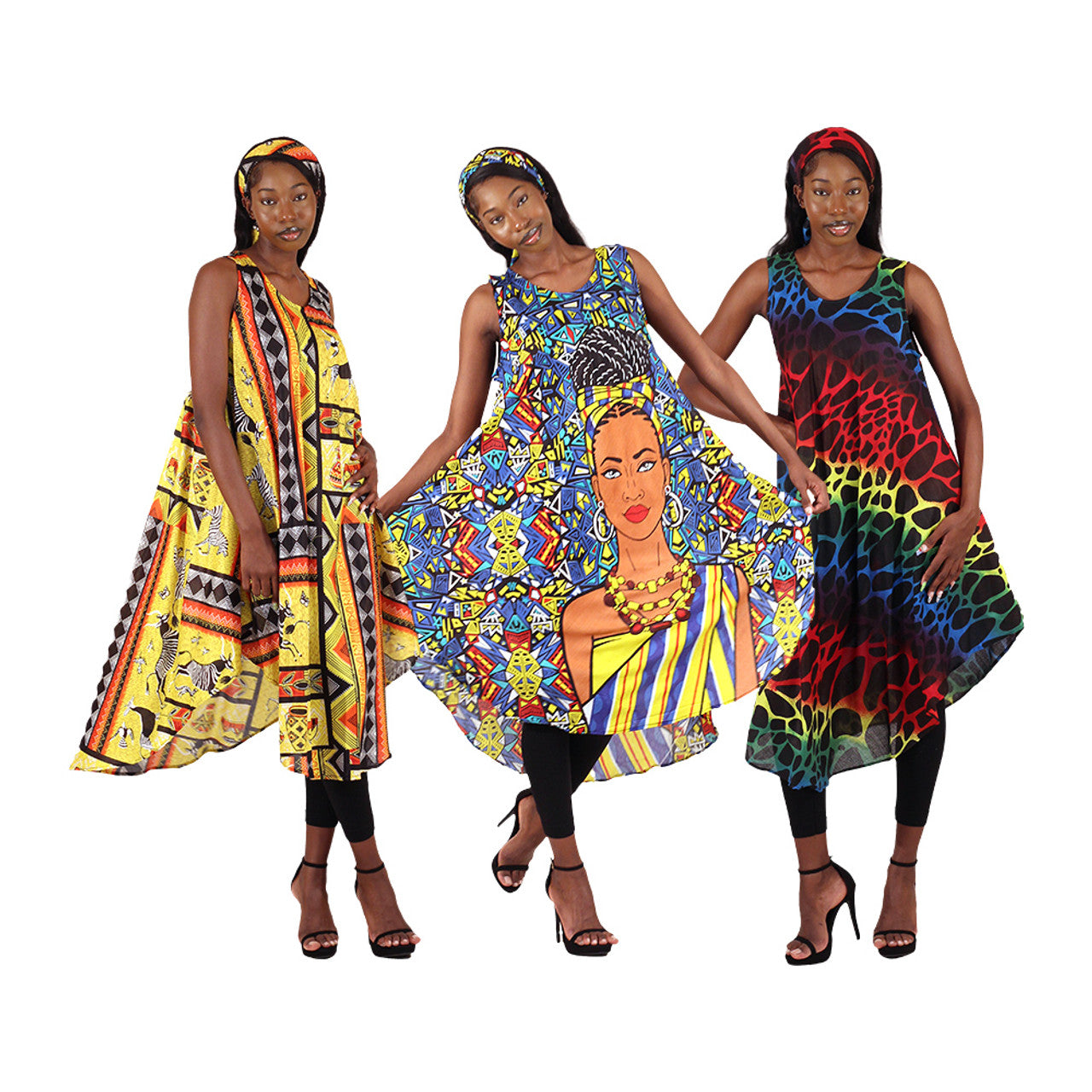 African Tribal Print Umbrella Dress Set of 3