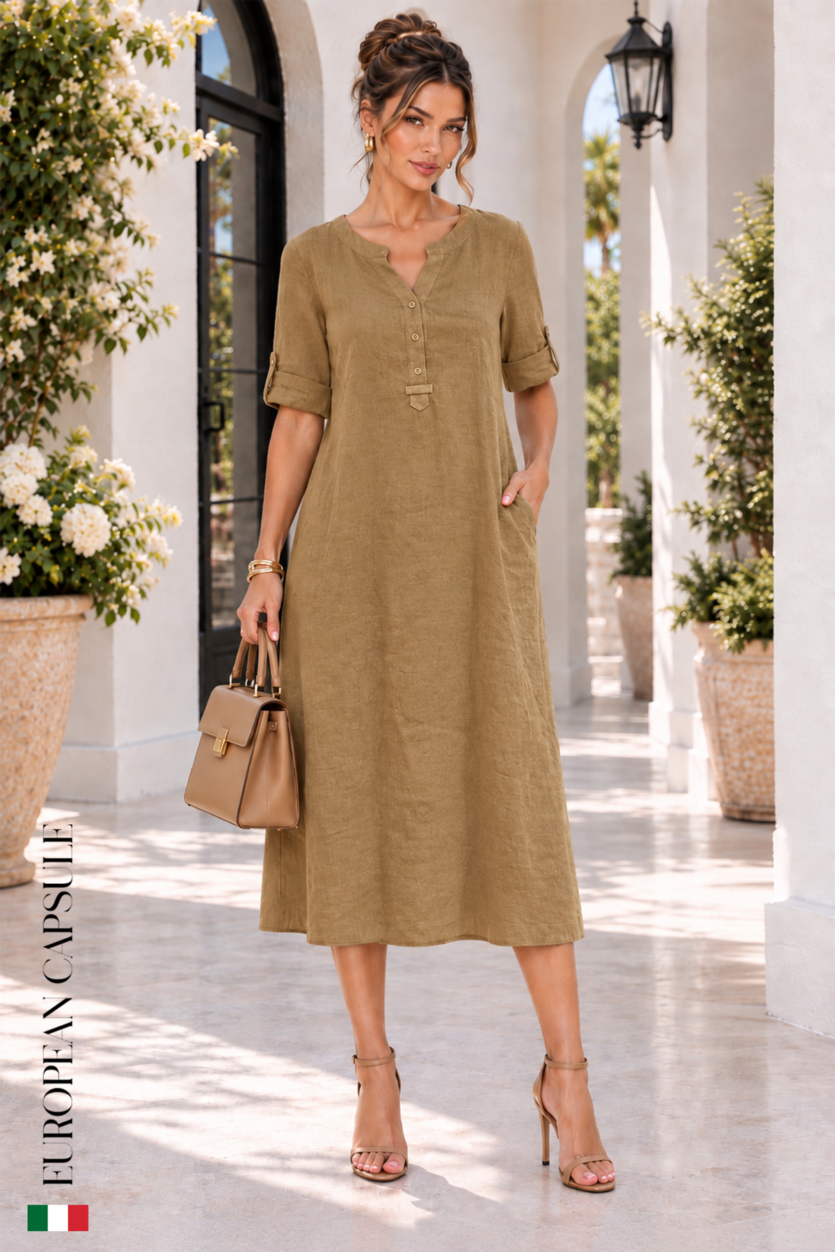 Italian Linen Livorno Dress- Brown