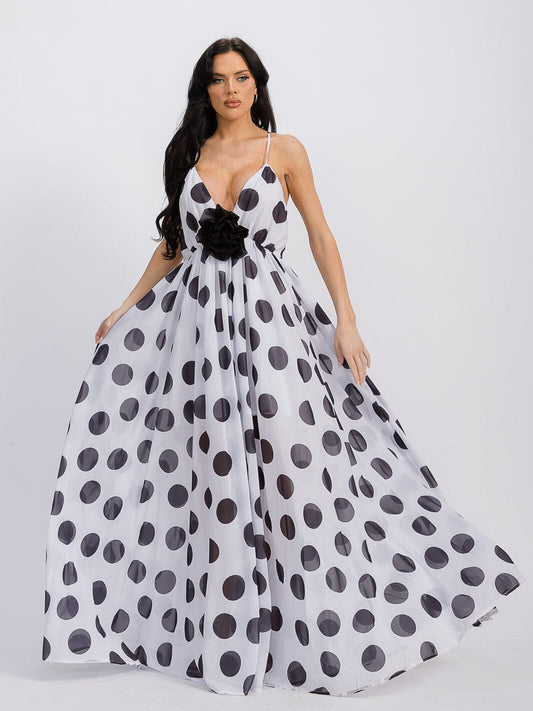 Polka Dot Black Flower Detailed Maxi Dress