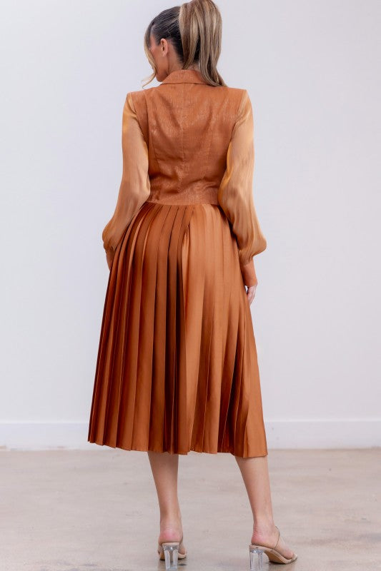 Pleated Bottom & Jacketed Top Dress- Brown
